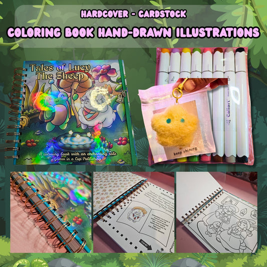 Hardcover, cardstock coloring book Tales of Lucy the Sheep kit